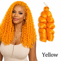 Woman with bright orange hair and a bundle of yellow hair extensions on a white background.