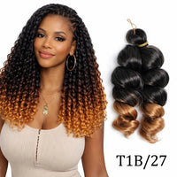 Woman with styled hair and a bundle of hair extensions labeled T1B/27 on a white background.
