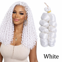 Woman with white braided hair and a close-up of white braiding hair extensions on a white background.