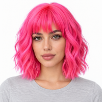 Hot Pink 14-inch short wavy bob wig with bangs - model front view