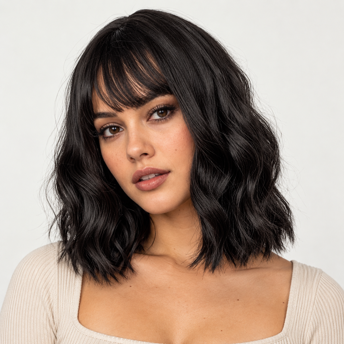 Natural Black 14-inch short wavy bob wig with bangs - model portrait