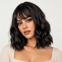 Natural Black 14-inch short wavy bob wig with bangs - model portrait