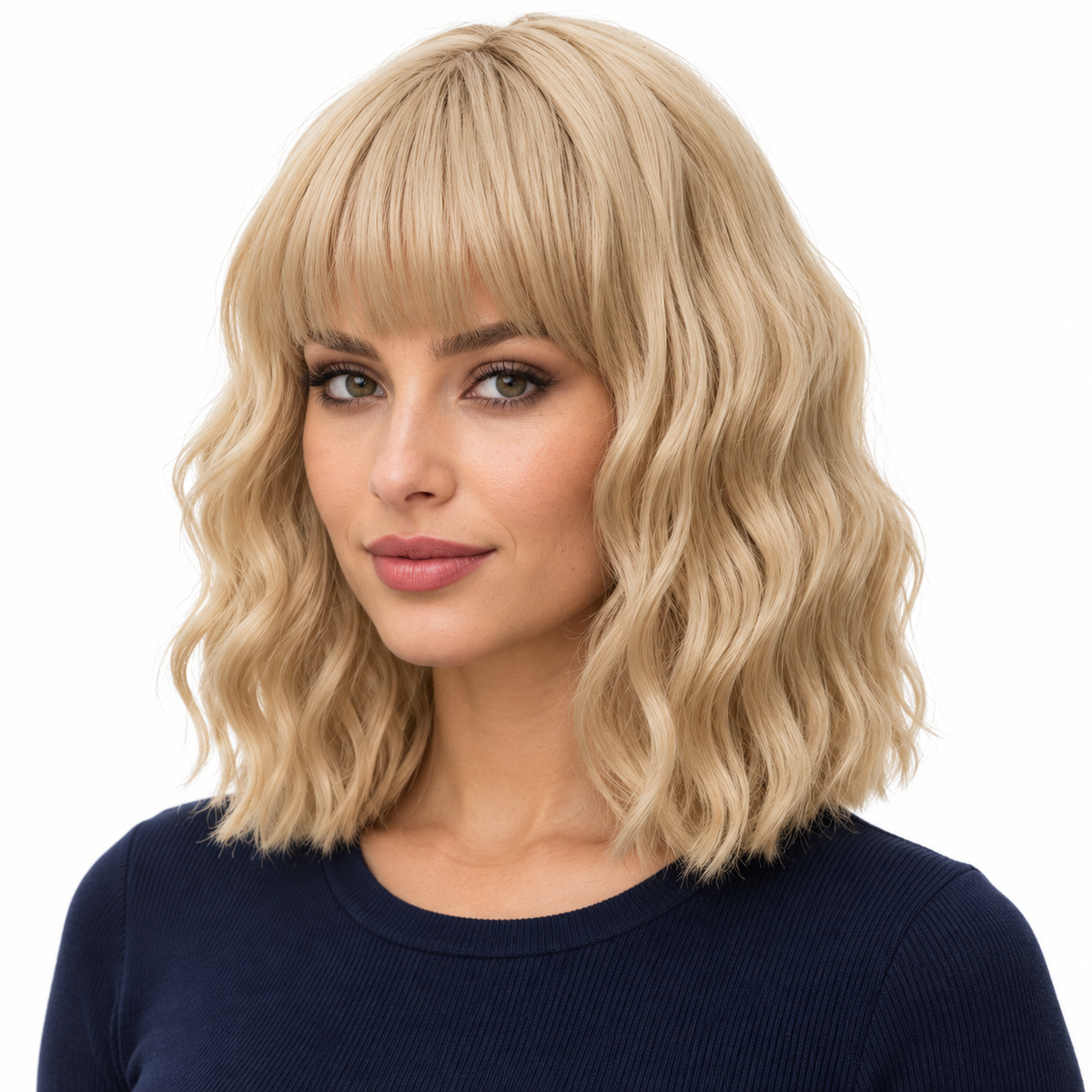 Beige Blonde 14-inch short wavy bob wig with bangs - model portrait