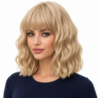 Beige Blonde 14-inch short wavy bob wig with bangs - model portrait