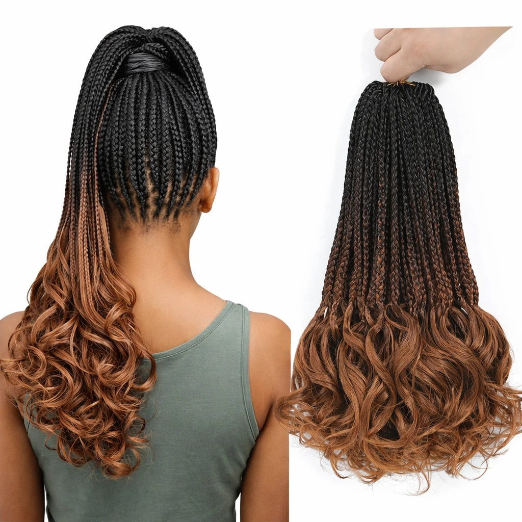 14’’ Synthetic French Curls Crochet Hair Braids Kid-Friendly Ombre Brown to Blonde French Curl Box Braids with Bouncy Curly Ends