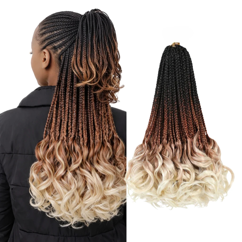 14’’ Synthetic French Curls Crochet Hair Braids Kid-Friendly Ombre Brown to Blonde French Curl Box Braids with Bouncy Curly Ends