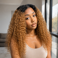 Model wearing 1B/27 Highlight Curly Human Hair for Crochet Braids in indoor lifestyle view