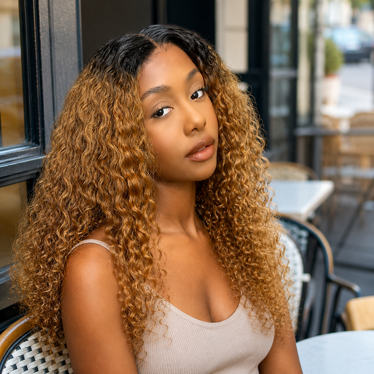 Model wearing 1B/27 Highlight Curly Human Hair for Crochet Braids in outdoor lifestyle view