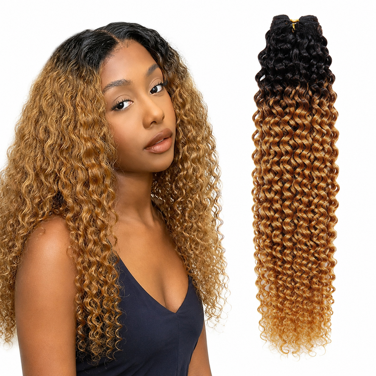 1B/27 Highlight Curly Human Hair for Crochet Braids with model and hair product on white background