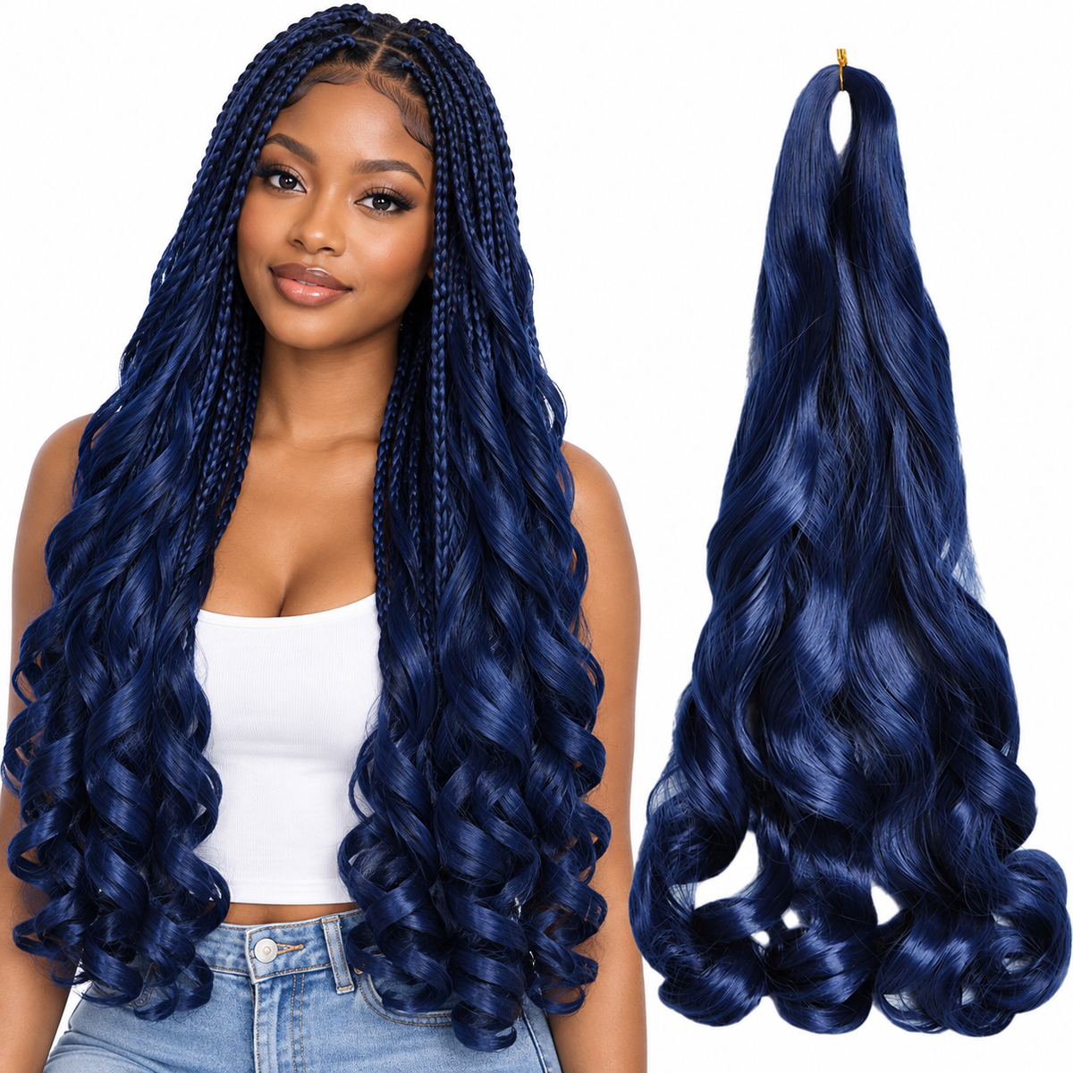 Blue 24 inch French curl braiding hair, model and hair bundle