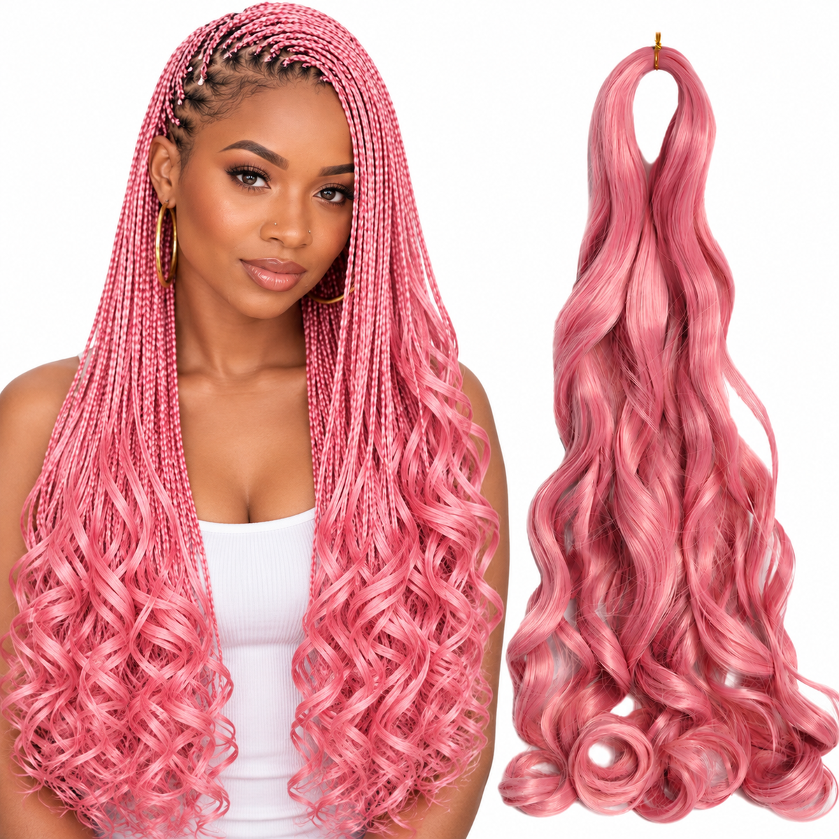D PINK 24 inch French curl braiding hair, model and hair bundle