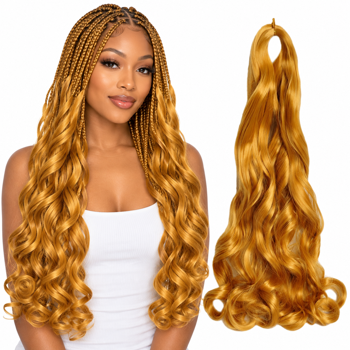 Gold 24 inch French curl braiding hair, model and hair bundle