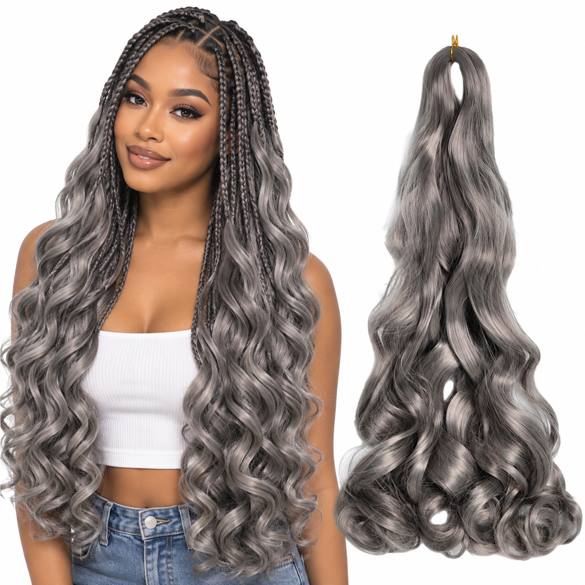 Gray3 24 inch French curl braiding hair, model and hair bundle