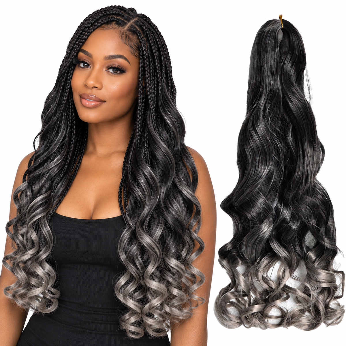 T1B  Gray2 24 inch French curl braiding hair, model and hair bundle