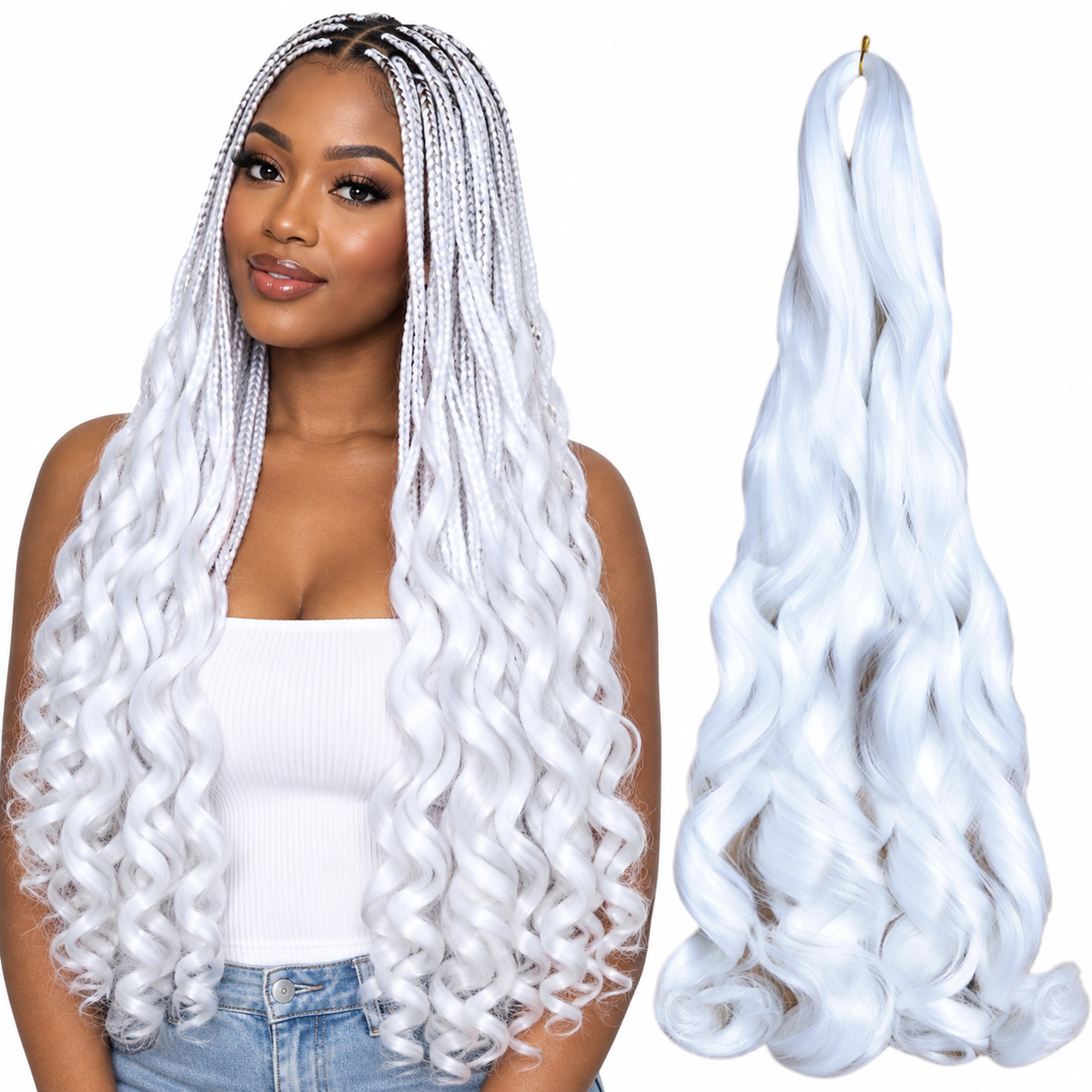 White 24 inch French curl braiding hair, model and hair bundle