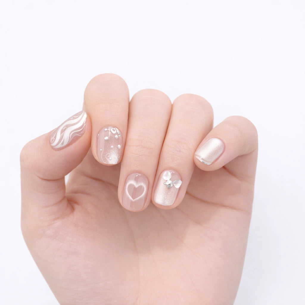 10pcs Sweet Cute Press-On Nails – Blue Nude Short Round Cat Eye False Nails with Butterfly, Shiny Summer Set