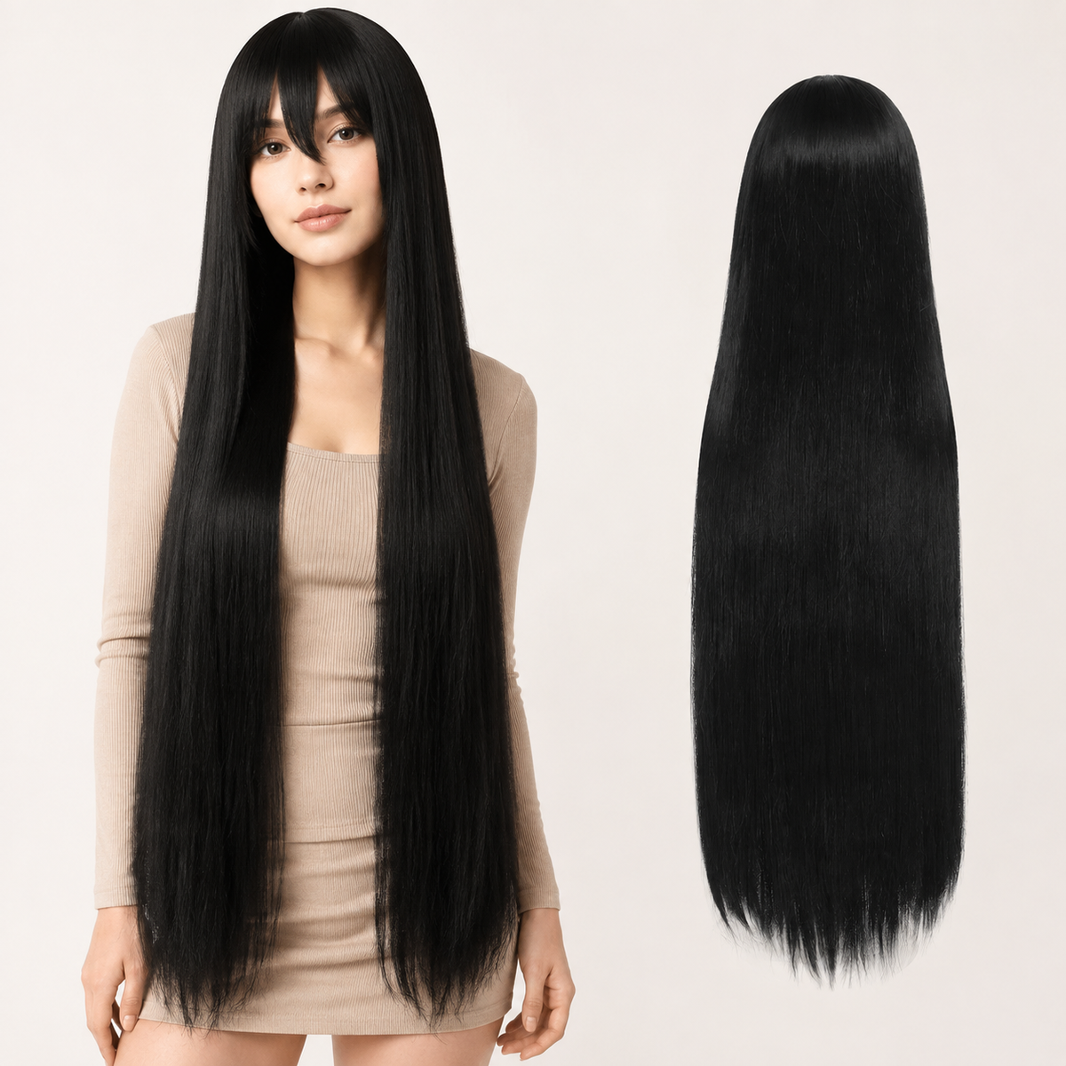 Black 40 inch long straight cosplay wig on model with back view