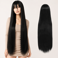 Black 40 inch long straight cosplay wig on model with back view