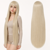 Blonde-139 40 inch long straight cosplay wig on model with back view