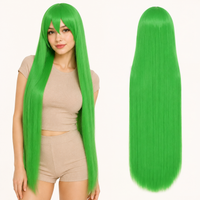 Green-447 40 inch long straight cosplay wig on model with back view