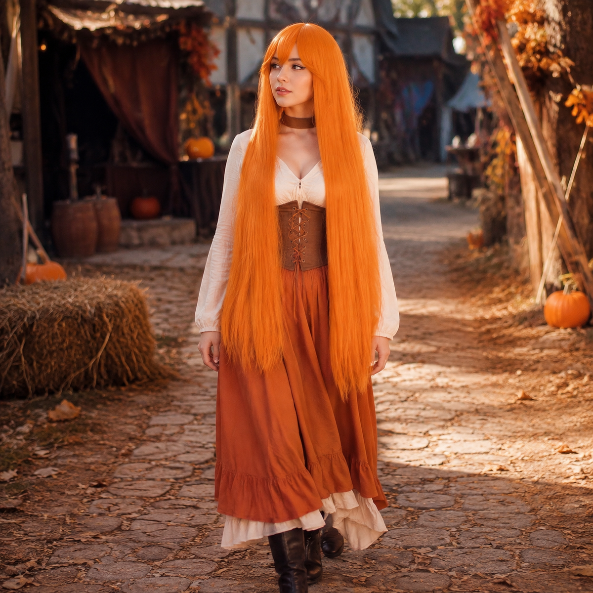 Model wearing an orange 40 inch long straight cosplay wig at an autumn festival