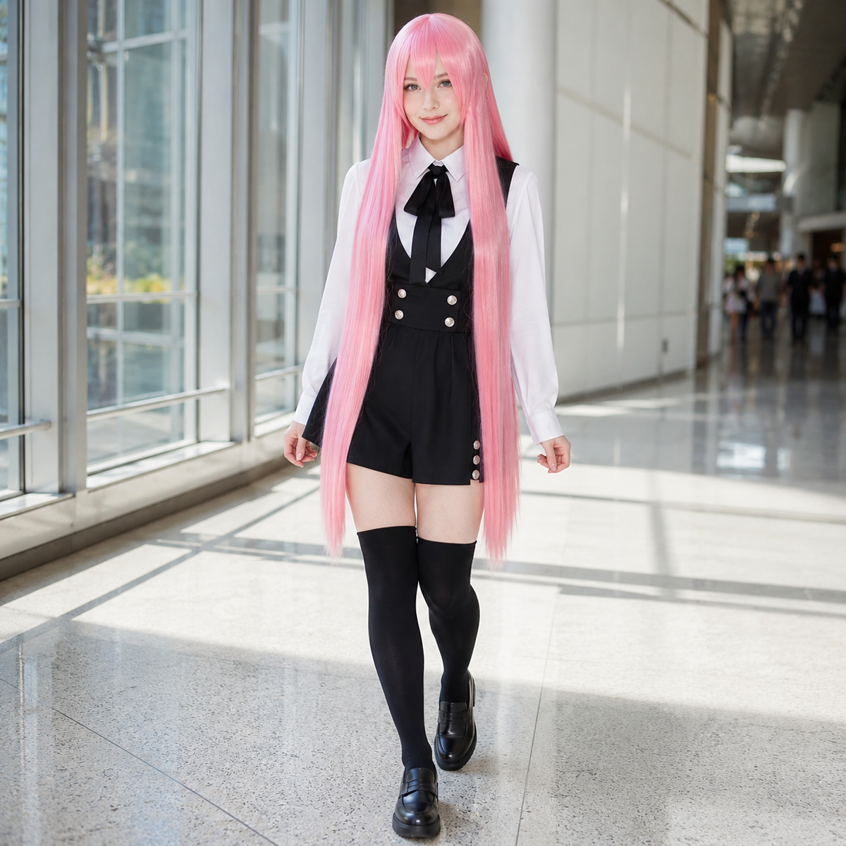 Model wearing a pink 40 inch long straight cosplay wig at a convention
