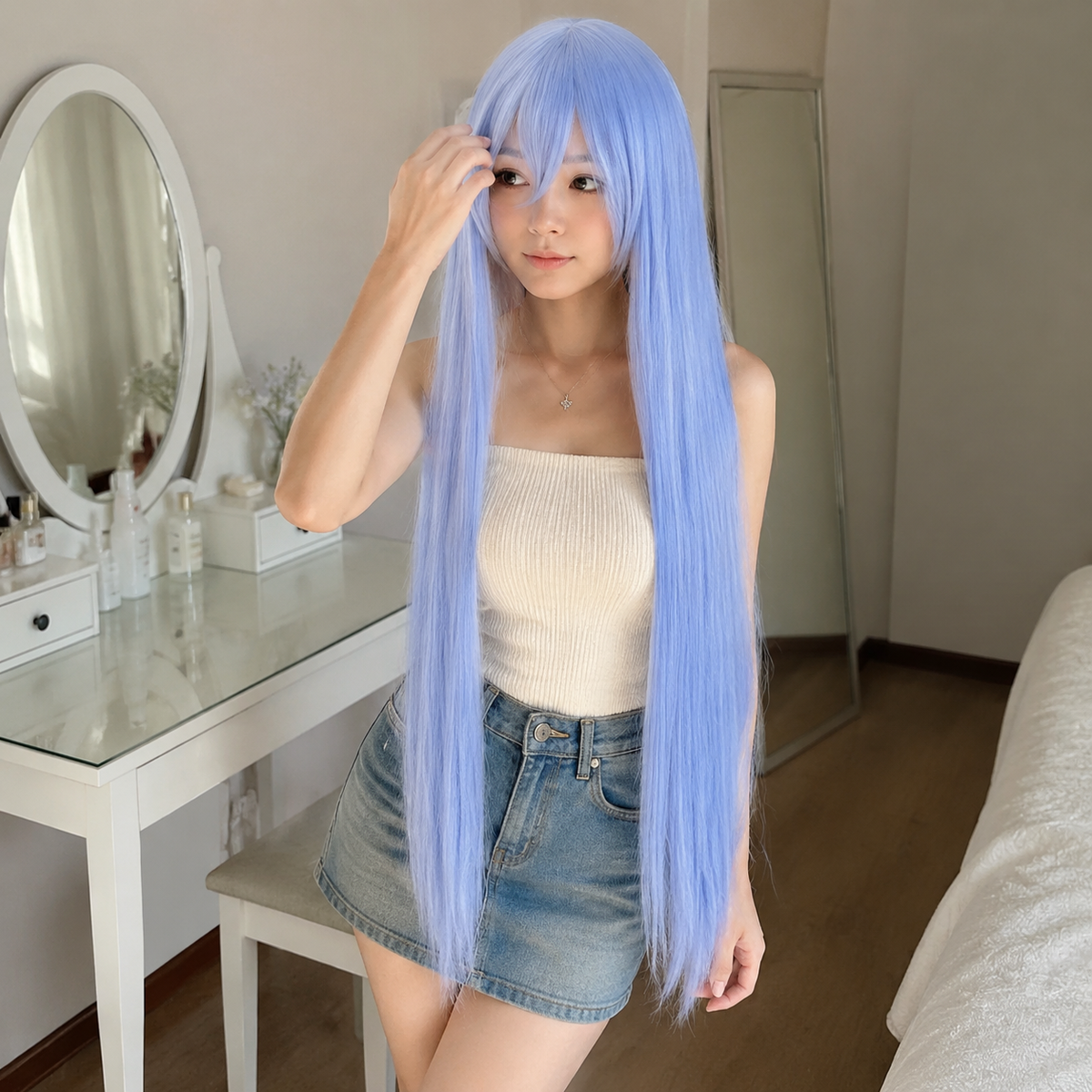Model styling a light blue 40 inch long straight cosplay wig at a vanity