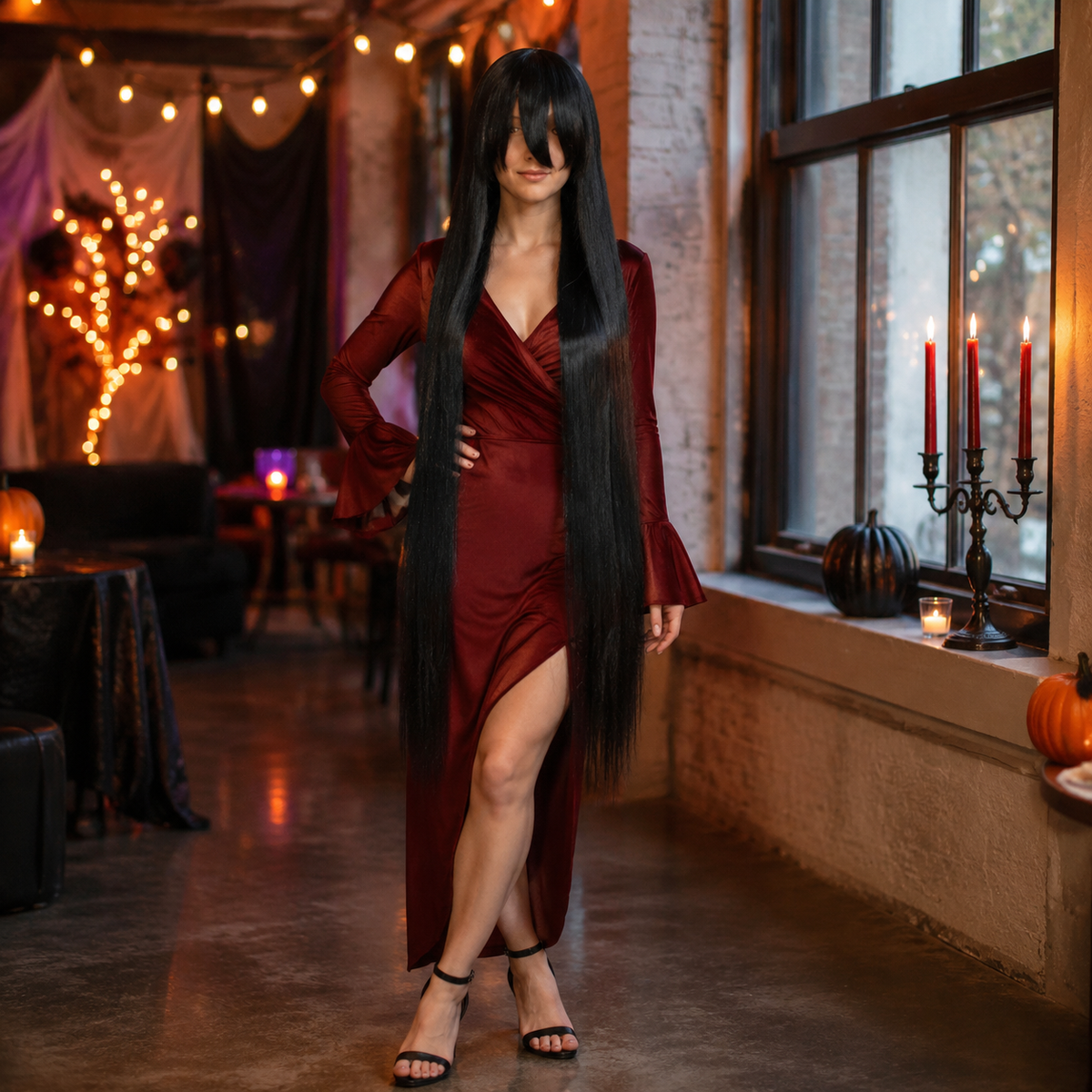 Model wearing a black 40 inch long straight cosplay wig at a Halloween party
