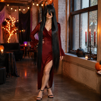 Model wearing a black 40 inch long straight cosplay wig at a Halloween party