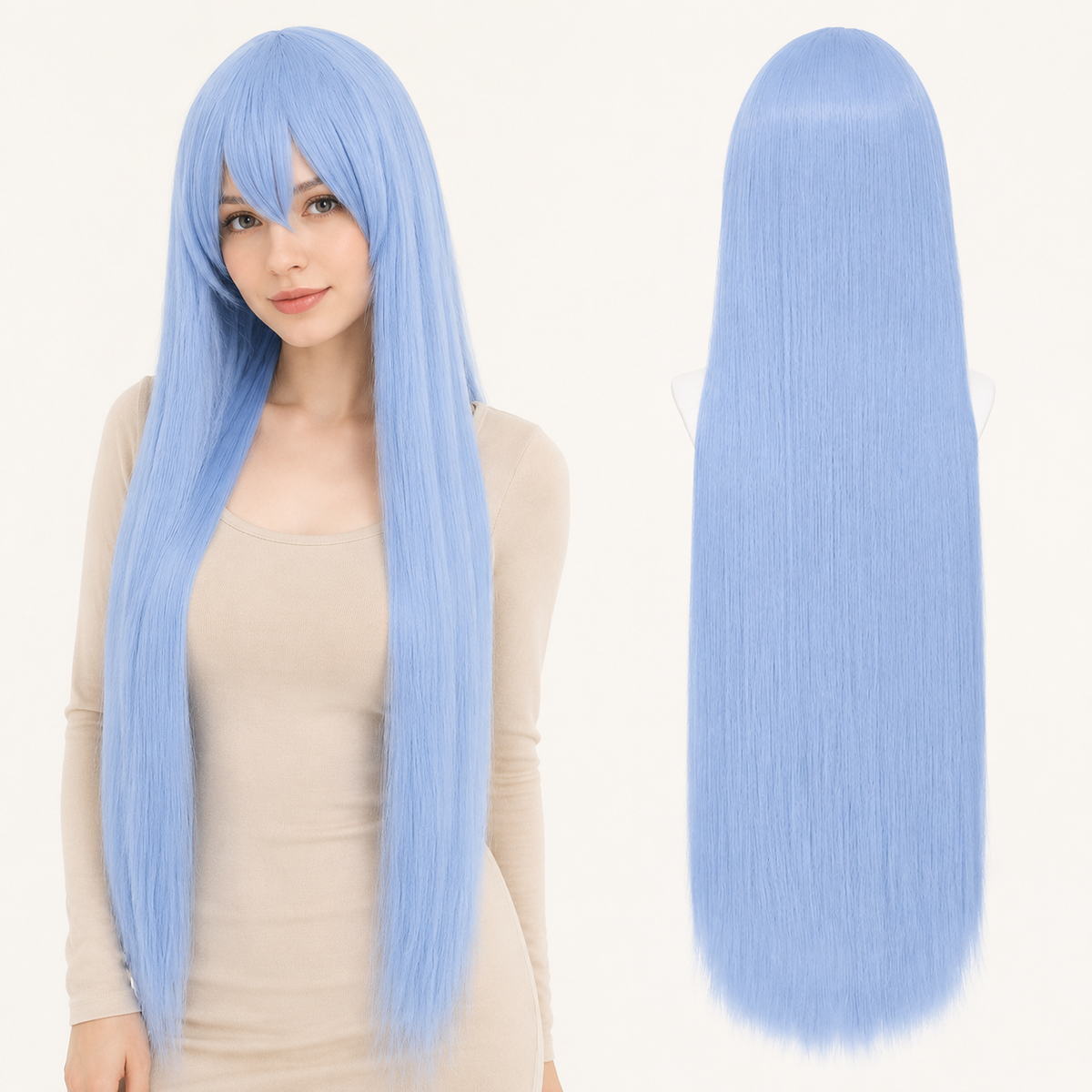 Light Blue-466 40 inch long straight cosplay wig on model with back view