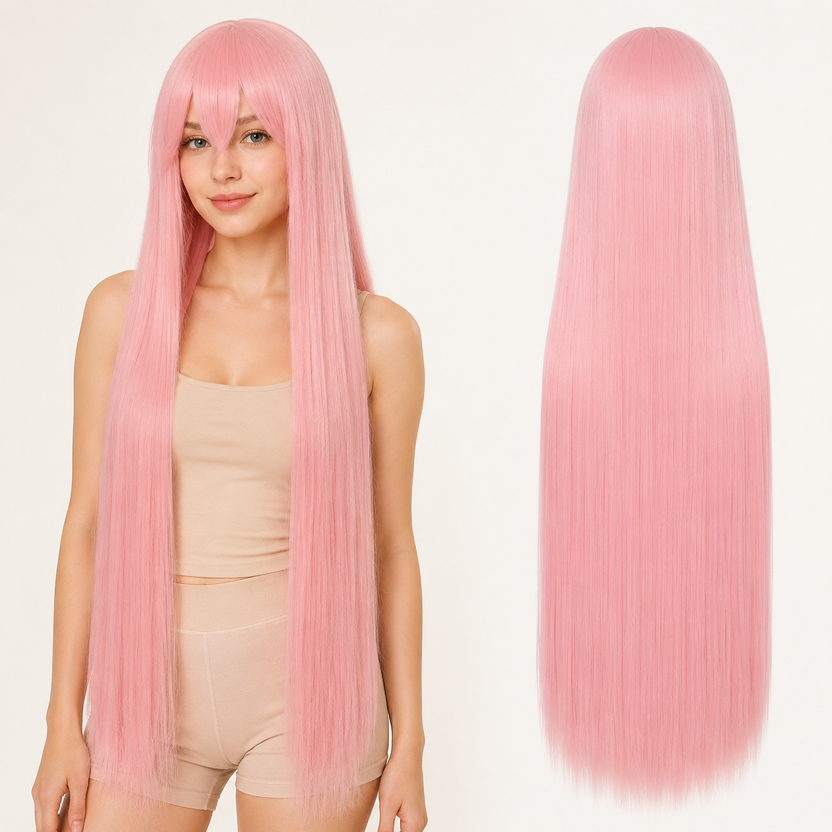 Pink-171 40 inch long straight cosplay wig on model with back view