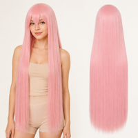 Pink-171 40 inch long straight cosplay wig on model with back view