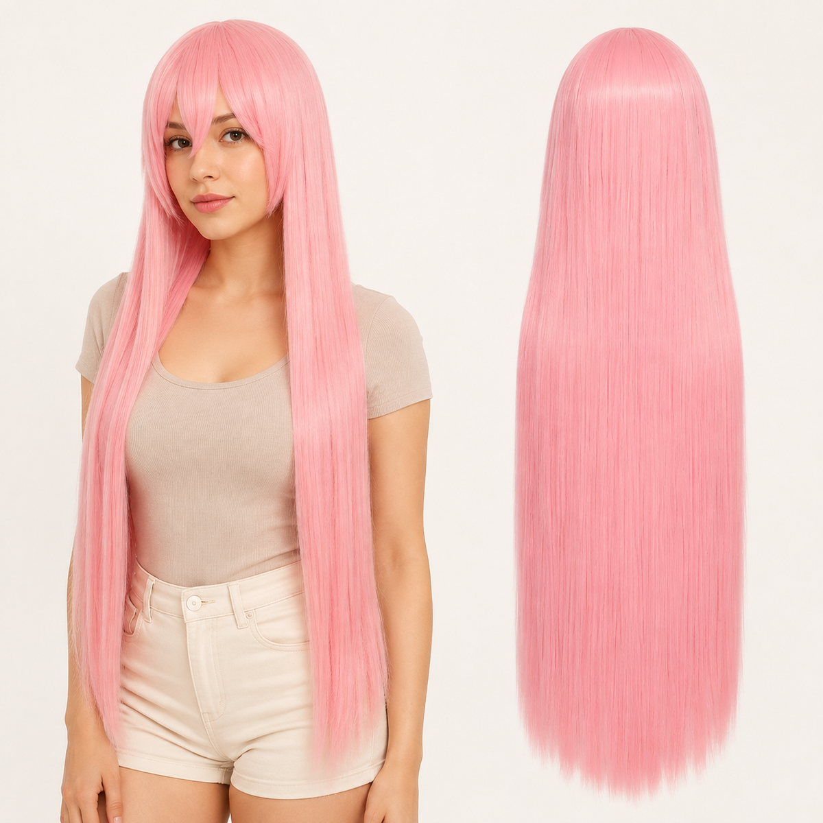 Pink-463 40 inch long straight cosplay wig on model with back view