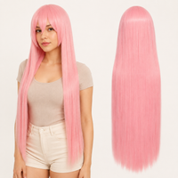 Pink-463 40 inch long straight cosplay wig on model with back view