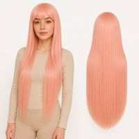 Pink 40 inch long straight cosplay wig on model with back view