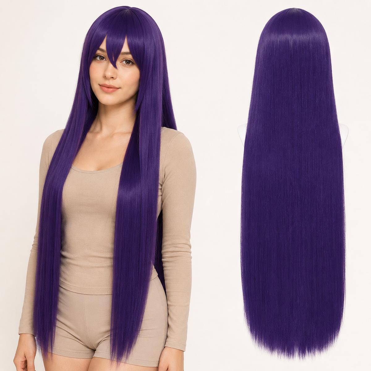Purple-105 40 inch long straight cosplay wig on model with back view