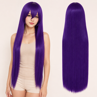 Purple-473 40 inch long straight cosplay wig on model with back view