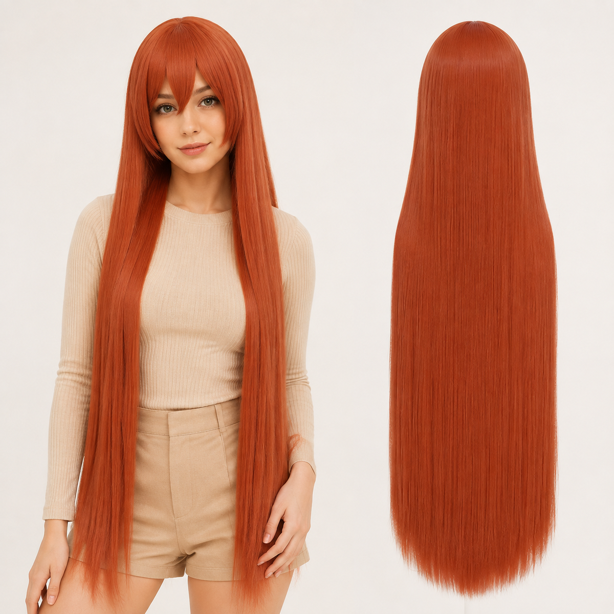 Red-120 40 inch long straight cosplay wig on model with back view