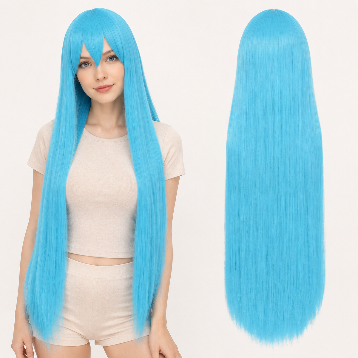 Sky Blue-471 40 inch long straight cosplay wig on model with back view