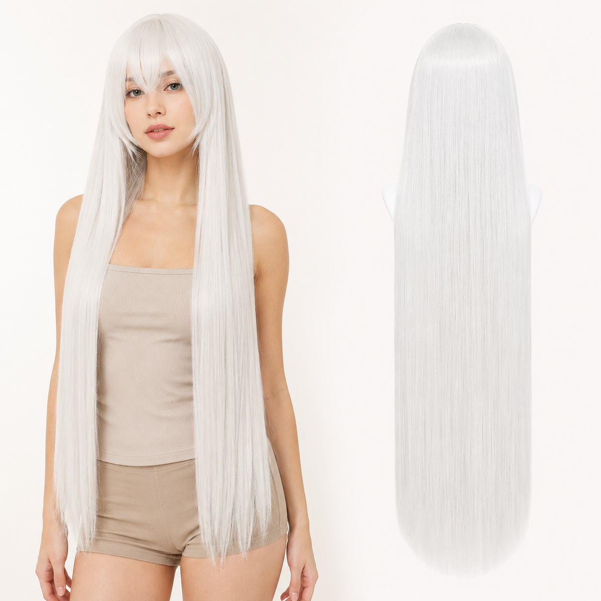White 40 inch long straight cosplay wig on model with back view