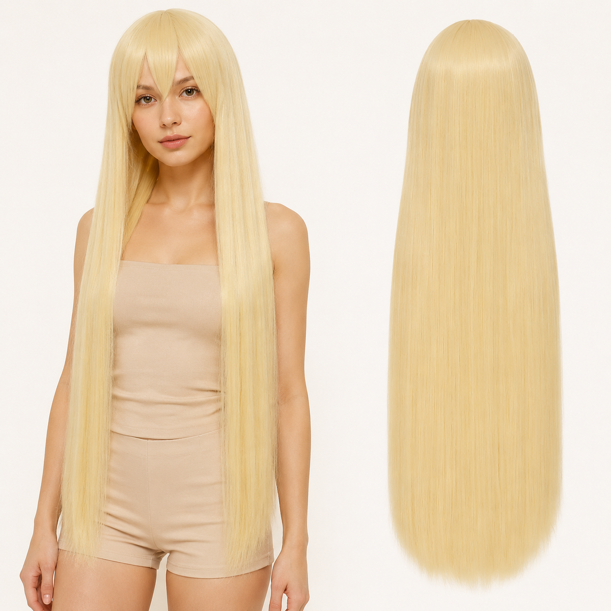 Yellow-299 40 inch long straight cosplay wig on model with back view