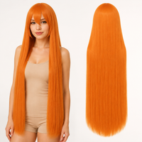 Yellow-465 orange 40 inch long straight cosplay wig on model with back view