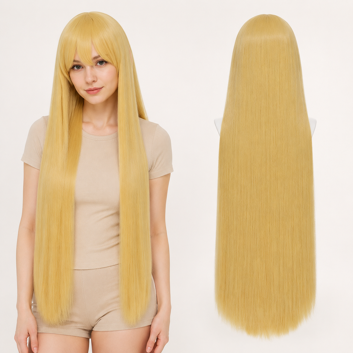Yellow 40 inch long straight cosplay wig on model with back view