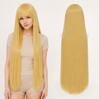 Yellow 40 inch long straight cosplay wig on model with back view