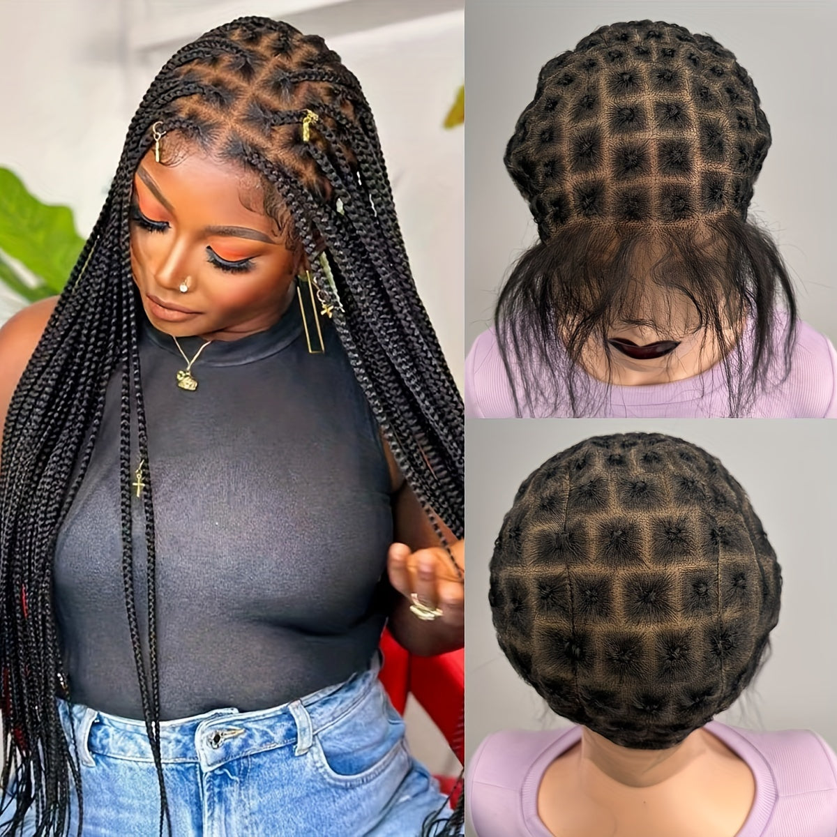 Embroidered Full Double Lace Woven Wig Cap, DIY Wig Cap For Crochet Hair Extensions, Crochet Wig Cap With Baby Hair, Wig Sewing Crochet Wig Cap Square Base