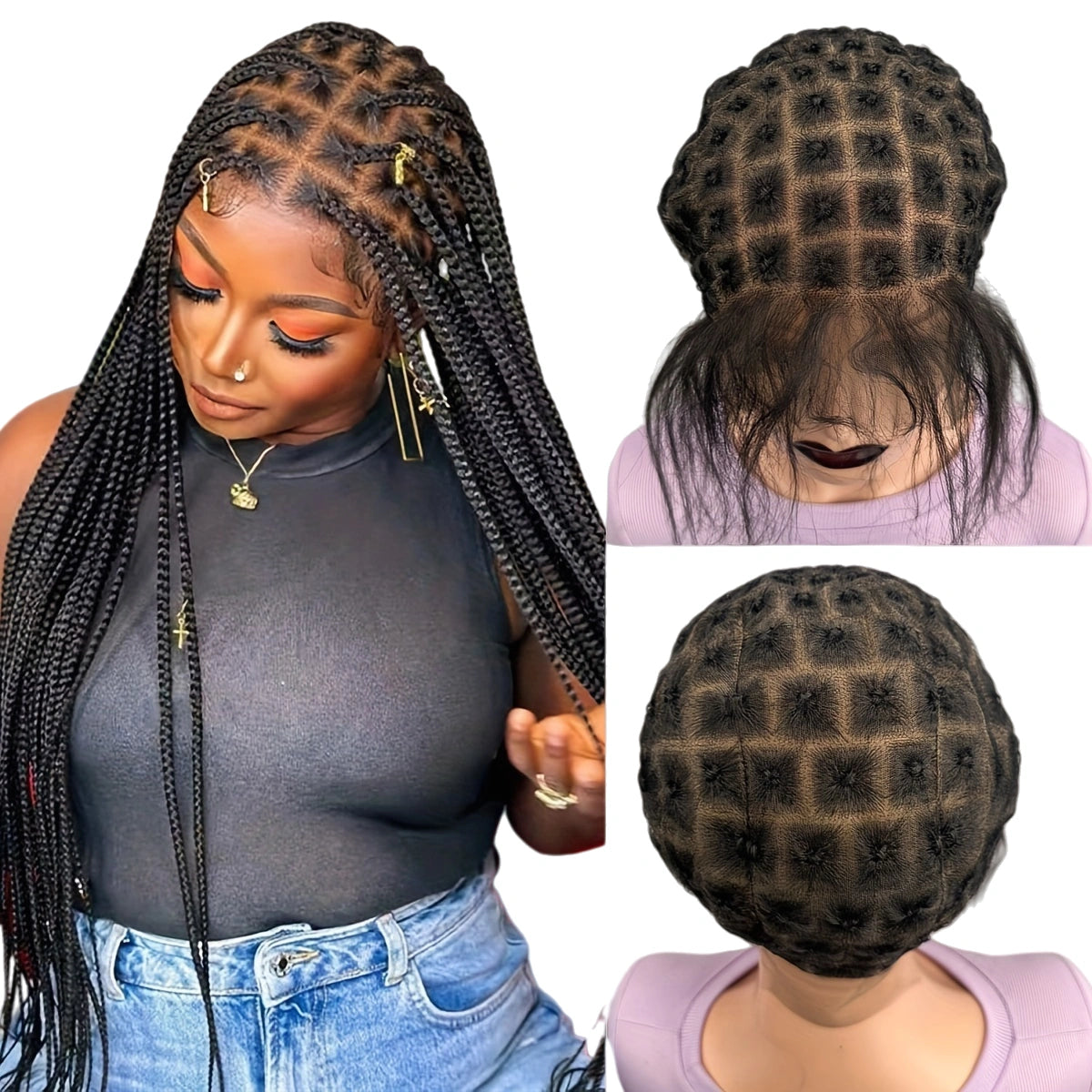Embroidered Full Double Lace Woven Wig Cap, DIY Wig Cap For Crochet Hair Extensions, Crochet Wig Cap With Baby Hair, Wig Sewing Crochet Wig Cap Square Base