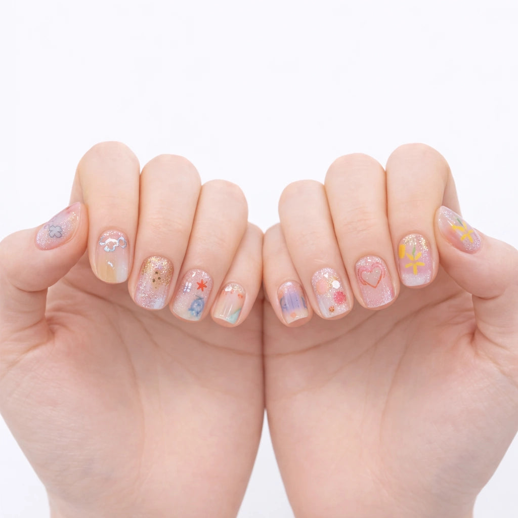 10pcs Sweet Cute Press-On Nails – Blue Nude Short Round Cat Eye False Nails with Butterfly, Shiny Summer Set