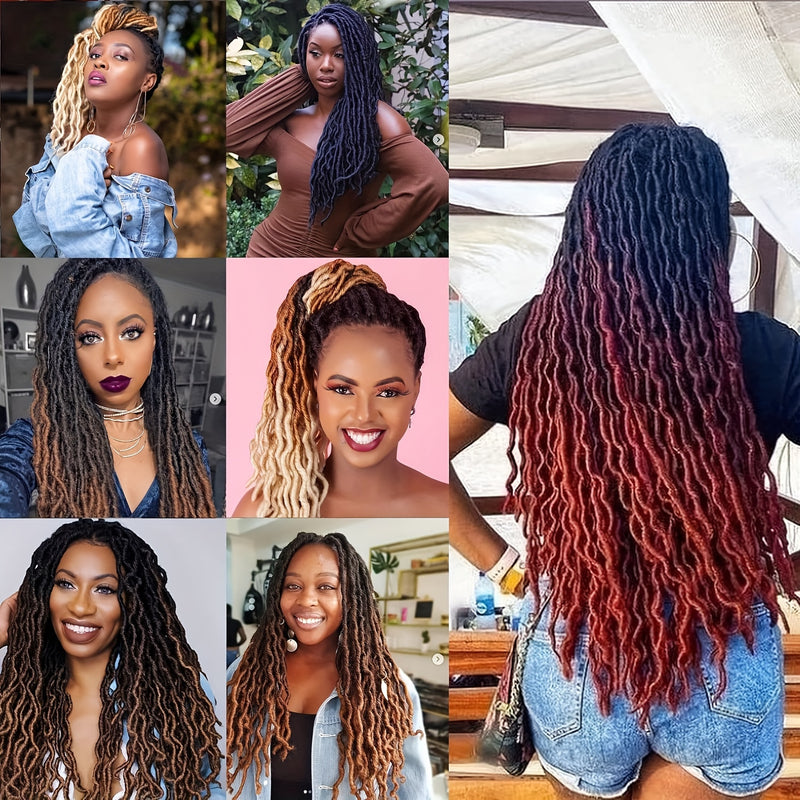 18-Inch Brown Goddess Wavy Faux Locs Crochet Hair Extensions - Natural Looking Synthetic Dreadlocks with Curly Ends, Versatile Styling for All Women, Ethnic Hairstyle Variety|Shoulderlength Locs