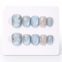 10pcs Sweet Cute Press-On Nails – Blue Nude Short Round Cat Eye False Nails with Butterfly, Shiny Summer Set
