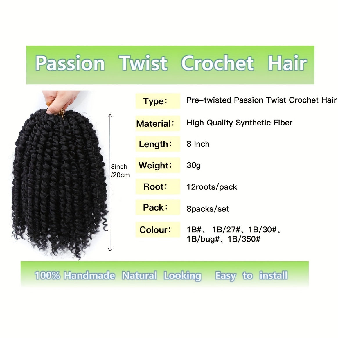YOROSTAR 8 Inch Pre-Twisted Synthetic Soft Crochet Hair Extensions - 8 Packs, Low Temperature Fiber, Pre-Looped Passion Twist Curly with 6 Inch Hair, Crochet Needle & Hair Rings Gift for Black Women